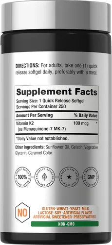 Vista 2 de Horbäach Vitamina K2 MK7 100mcg 250 cápsulas blandas Suplemento sin OMG, sin gluten