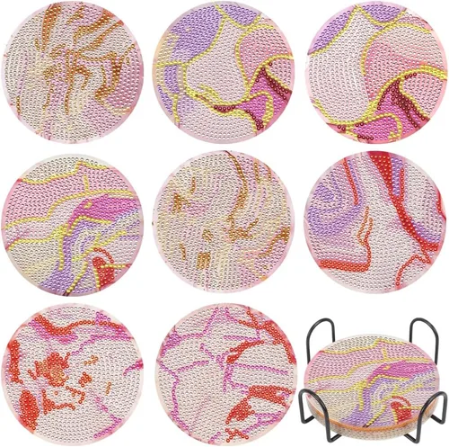 Vista 8 de Juego de 8 posavasos de arte de diamante para adultos con soporte de almohadillas de corcho, paisaje abstracto de bricolaje, arte de diamantes