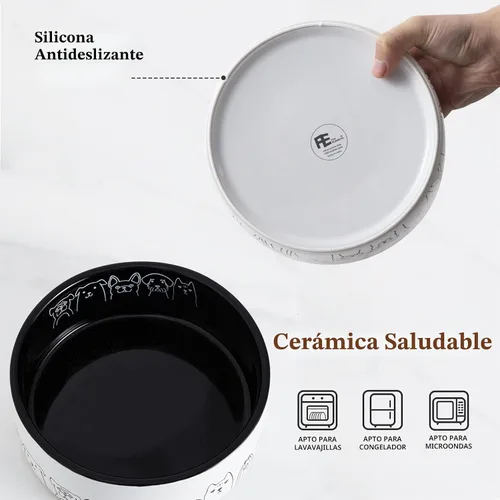 Vista 2 de Fun Elements Cuencos de cerámica para perros, antideslizantes, cuencos negros de 16 onzas líquidas con adorables patrones de perro (pequeño)