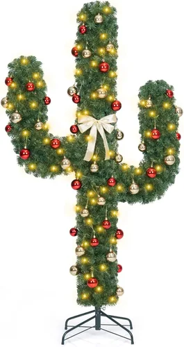 Vista 9 de Goplus Árbol de Navidad artificial de cactus preiluminado de 5 pies con 90 luces LED y adornos de bolas, decoración perfecta para las fiestas