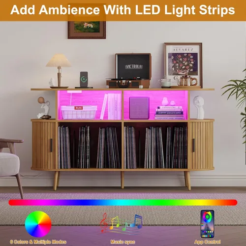 Vista 3 de Mid-Century - Moderno soporte para tocadiscos con carga USB y luces LED, gabinete de almacenamiento de vinilo estriado, capacidad para más de 300