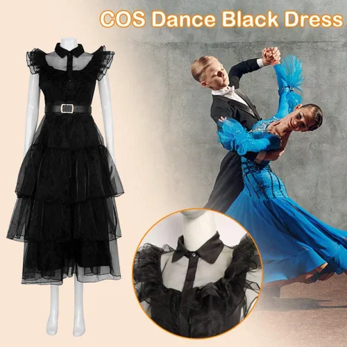 Vista 6 de MANYUN Vestido del miércoles de Merlina Addams, vestido de disfraz para niños y niñas, disfraz de Halloween para fiesta de cosplay