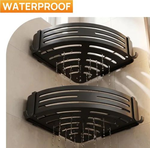 Vista 4 de Black Adhesive Corner Shower Caddy 2-Pack, Triangular Shelves No-drill black triangular shelves for smooth tile, glass and stainless steel shower