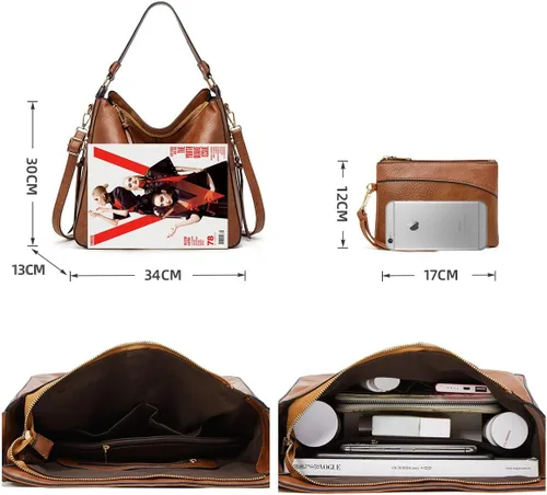 Vista 4 de Bolso de mano de moda para mujer, bolso de mano, bolso de hombro, asa superior, conjunto de bolso, A-Marrón