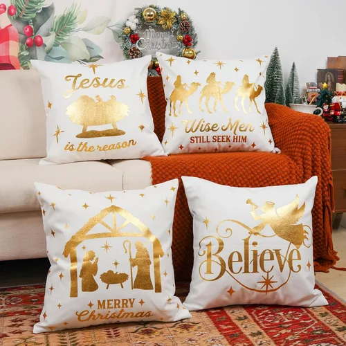 Vista 10 de Fundas de Almohada de Navidad de 12x20 Pulgadas, Juego de 4, Fundas de Almohada Religiosas de Natividad, Fundas de Almohada Decorativas Rojas