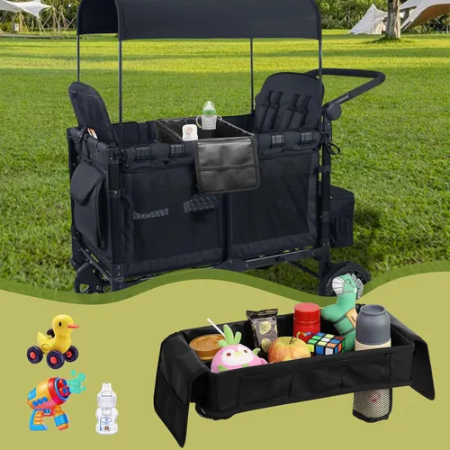 Vista 7 de Bandeja de aperitivos para cochecito con soportes para botellas anticaídas para Wonderfold Wagon, interior de piel sintética impermeable, fácil
