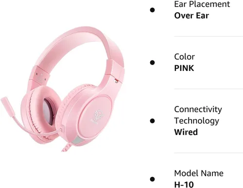 Vista 8 de Auriculares de juego rosas para Nintendo Switch, Xbox One, PS4, PS5, sonido envolvente de graves y cancelación de ruido con micrófono flexible