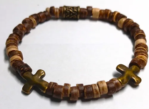 Vista 3 de Pulsera de cuentas elástica basada en la fe con cruz de bronce