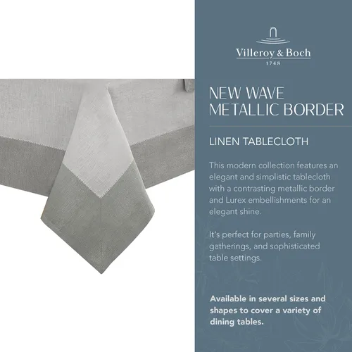 Vista 2 de Elrene Home Fashions Villeroy and Boch New Wave - Mantel de tela de lino con borde metálico, redondo, 90 pulgadas, blanco/plateado