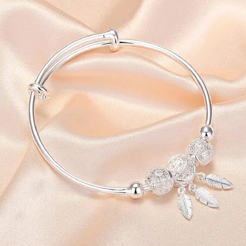Vista 6 de Harlorki Pulsera ajustable para mujer con colgante de hoja de bola de la suerte 925 chapada en plata