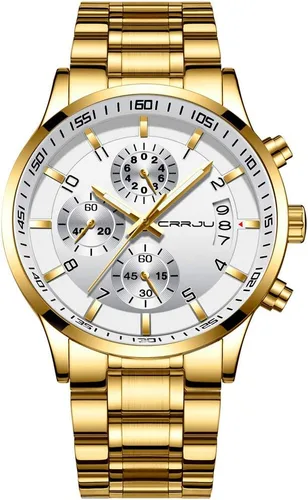 Vista 15 de CRRJU - Relojes de moda para hombre de acero inoxidable, cronógrafo, impermeables con fecha, de pulsera, correa de acero inoxidable, resistente al