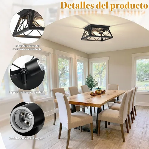 Vista 5 de FadimiKoo Lámpara de techo empotrada negra de 2 luces, lámpara de techo industrial para cocina de granja, lámpara de techo de jaula cuadrada