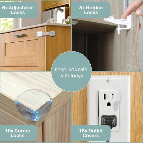 Vista 5 de Inaya Kit completo a prueba de bebés y cerradura de palanca de puerta Inaya paquete de 4 cerraduras a prueba de niños, adhesivo 3M y fácil