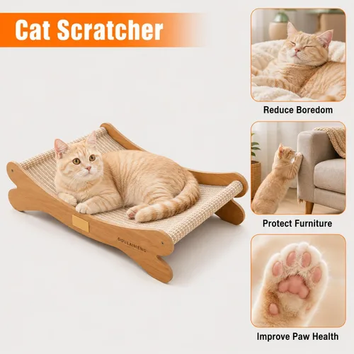 Vista 3 de Wooden Cat Hammock Bed – Elevated Pet Lounger for Cats & Small Dogs, Sturdy Natural Wood Frame, Breathable Mesh Sling, Indoor Cozy Pet Furniture