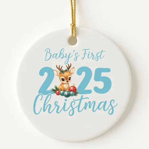 Vista 2 de Adorno personalizado para la primera Navidad del bebé 2025, recuerdo redondo de cerámica con nombre personalizado, decoración de árbol de Navidad