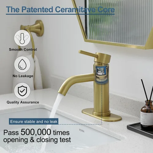 Vista 3 de GENBONS Grifos de Baño Dorados, Grifo de Lavabo Moderno de Una Sola Manija Dorado Cepillado de 1 Agujero con Placa de Cubierta de 3 Agujeros, Grifo