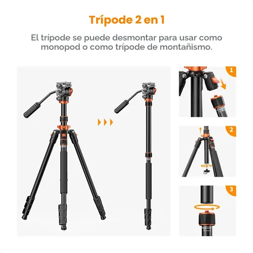 Vista 6 de K&F CONCEPT Trípode de video de cámara de 83 pulgadas para DSLR, trípode de aluminio compacto con cabezal fluido panorámico de 360° para viajes