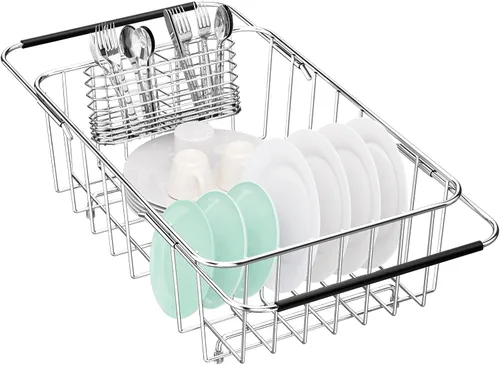 Vista 9 de Fanbsy - Organizador de secado de platos grande para fregadero, ajustable, escurridor de platos ampliable de acero inoxidable 304 con soporte