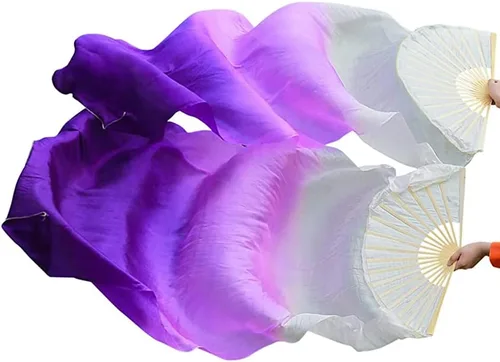 Vista 5 de 1 par de velos de seda hechos a mano para danza del vientre, abanicos largos de bambú para bailar (70.9 x 35.4 in, color blanco y morado)