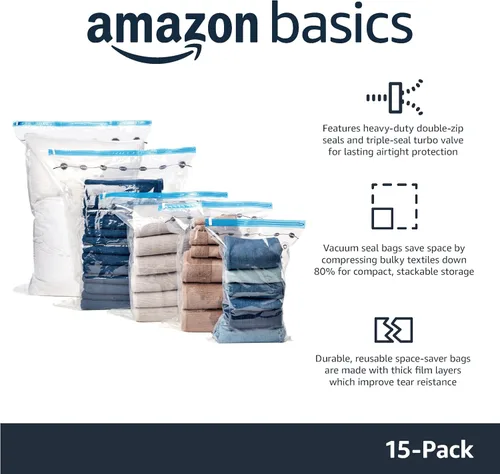 Vista 2 de Amazon Basics Bolsas de almacenamiento de compresión al vacío que ahorran espacio con bomba de mano para embalaje de ropa, paquete de 15, varios