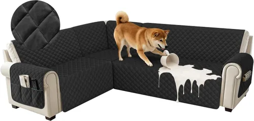 Vista 23 de Fundas impermeables para sofá seccional de esquina en forma de L, de terciopelo, juego de 6 piezas, funda en forma de U para sofá, para perros