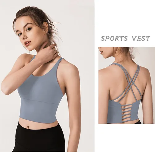 Vista 3 de Redqenting Longline - Brasier deportivo para mujer con relleno extraíble, sexy, tirantes cruzados en la espalda, para yoga, entrenamiento, camiseta