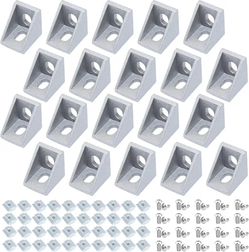 Vista 10 de Juego de 20 conectores de perfil de extrusión de aluminio de la serie 2020, 20 soportes de esquina, con 40 tuercas en T y tornillo hexagonal M5×8
