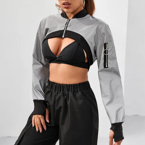 Vista 2 de Ypser - Blusa reflectante para rave, crop top, de manga corta, techwear, para mujer
