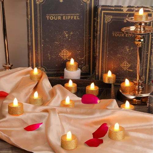 Vista 3 de Mudder 24 Piezas Velas de Té Doradas LED Velas Tealights Sin Llama Votivas Operadas con Batería Velas de Té Eléctricas con Purpurina Tealight