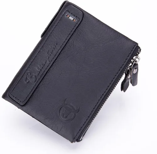 Vista 4 de BULLCAPTAIN Cartera de cuero genuino para hombres Vintage doble cremallera monedero billetera