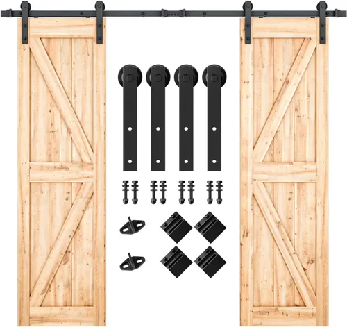 Vista 8 de SMARTSTANDARD Kit de herrajes para puerta corrediza de granero de doble puerta resistente de 5 pies, suave y silencioso, fácil de instalar, incluye