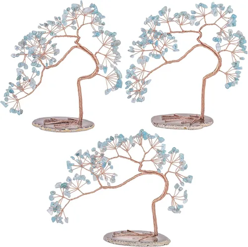 Vista 4 de rockcloud Árbol de dinero de cristal aguamarina con base de ágata, árbol bonsái de Feng Shui de la suerte para decoración de oficina y hogar