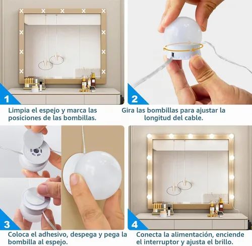 Vista 8 de Luces LED de tocador, temperatura de color ajustable y brillo, 14 bombillas regulables para iluminación de espejo de vestidor