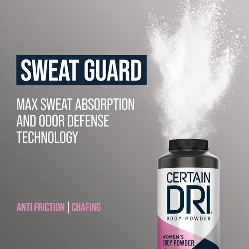 Vista 4 de Certain Dri Polvo corporal para mujer, sin talco, control de sudor de triple acción, olor y humedad, fórmula de calamina antirozaduras, recomendada
