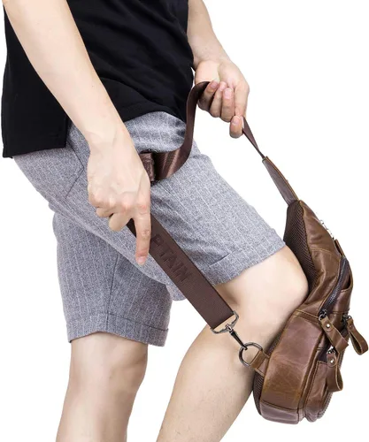 Vista 6 de Bolsos cruzados para hombre, bolso bandolera de cuero, mochilas casuales para el pecho, bolsa de hombro, mochilas de senderismo de viaje