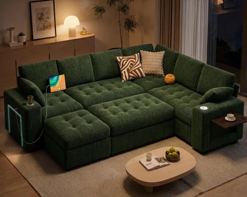 Vista 9 de Vipbear Sofá cama modular de 111 pulgadas, sofá cama modular de 7 asientos con cama extraíble, sofá en forma de L de felpilla con otomana de Verde