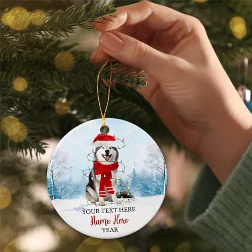 Vista 3 de Adorno de cerámica de Alaska Malamute de Feliz Navidad, decoración personalizada de Papá Noel, perro de Alaska Malamute nombre de perro, decoración