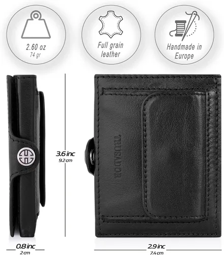 Vista 2 de TRUSADOR Valencia Cartera de piel unisex pequeña compacta bolsillo frontal RFID con bolsillo monedero, Negro -, Con bolsillo para monedas