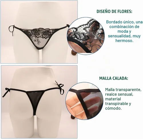 Vista 5 de HTRUIYA Bragas de lazo lateral sexy para mujer, tanga, ajustable, transparente, hilo de malla, ropa interior Negro