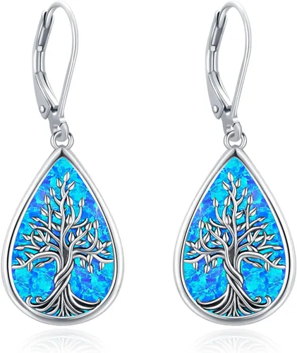 Vista 285 de Aretes colgantes de plata de ley con diseño de árbol de la vida, flor, abeja, animales, gato, colibrí, piedra lunar, turquesa, aretes con cierre