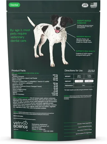 Vista 11 de VetriScience Masticables dentales de boca saludable, palitos Perio Plus para perros, con probióticos, espirulina y zeolitas, refrescante el aliento