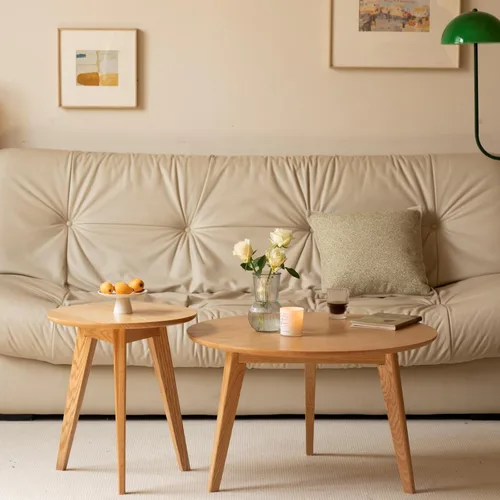 Vista 7 de Juego de mesa de café 100% de madera de roble macizo, mesa de café redonda combinada mesa auxiliar con patas de madera maciza, mesa de mediados