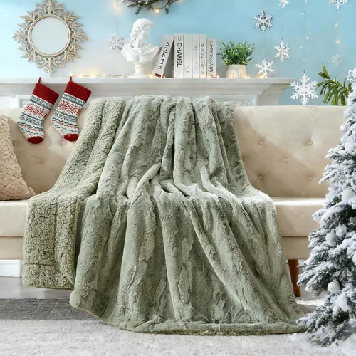 Vista 8 de COZYART Manta Sherpa de piel sintética esponjosa sin pelusa para sofá, color verde salvia, 50 x 60 pulgadas, forro polar sherpa, reversible, suave