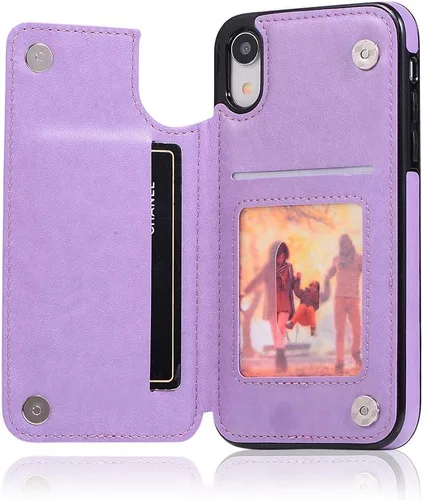 Vista 5 de Asuwish Funda para iPhone XR con protector de pantalla de vidrio templado, funda de cuero con soporte para tarjetas, doble cierre magnético y funda