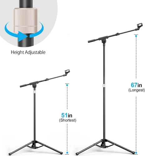 Vista 3 de Soporte de micrófono con brazo de brazo, trípode resistente, soporte de suelo ajustable con bolsa de transporte y 2 clips de micrófono para cantar