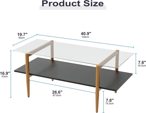 Vista 2 de Furnify Mesa de centro de cristal, mesa central rectangular para sala de estar con patas doradas, mesas decorativas modernas de mediados de siglo