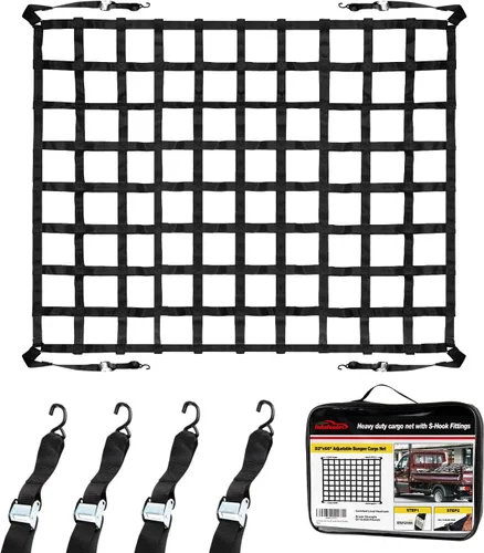 Vista 9 de Red de carga ajustable para caja de camioneta de 42 x 50 pulgadas, red de carga con accesorios de gancho en S, 2 pulgadas de ancho, red resistente
