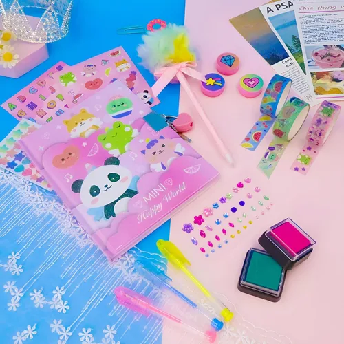 Vista 7 de Diario de animales para niñas con cerradura, juego de papelería de animales con diario secreto, sellos, bolígrafos, cuaderno de diario, regalo