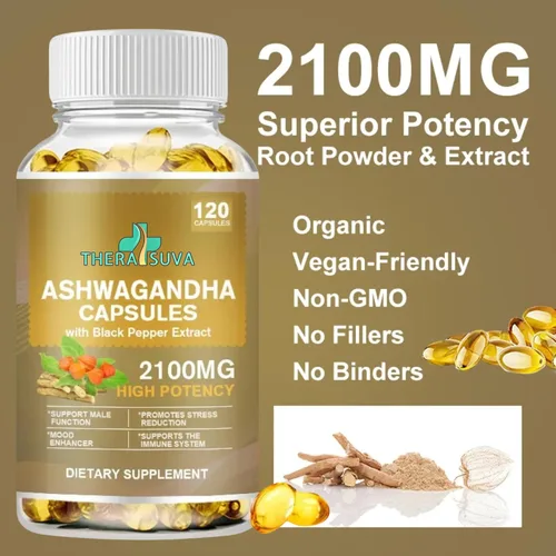 Vista 5 de TheraSuva Ashwagandha de potencia superior 2100 mg + extracto de pimienta negra 8 mg suplemento para alivio del estrés y apoyo inmunológico