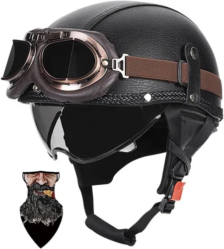Vista 11 de Cascos Moto Retro Jet Vintage Medio, DOT Homologado Visera Retráctil PC y Hebilla Rápida, Desmontable para Hombre Mujer Adultos, Scooter Crucero